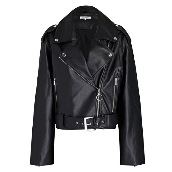WEWOREWHAT Womens Jacket XS Black Moto Faux Leather Cropped Oversized Biker - Picture 3 of 9